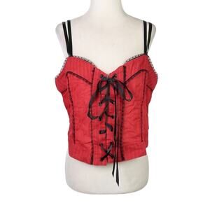 Vintage 90s Lip Service Red and Black Lace Lace-Up Corset Cami Tank Top XL